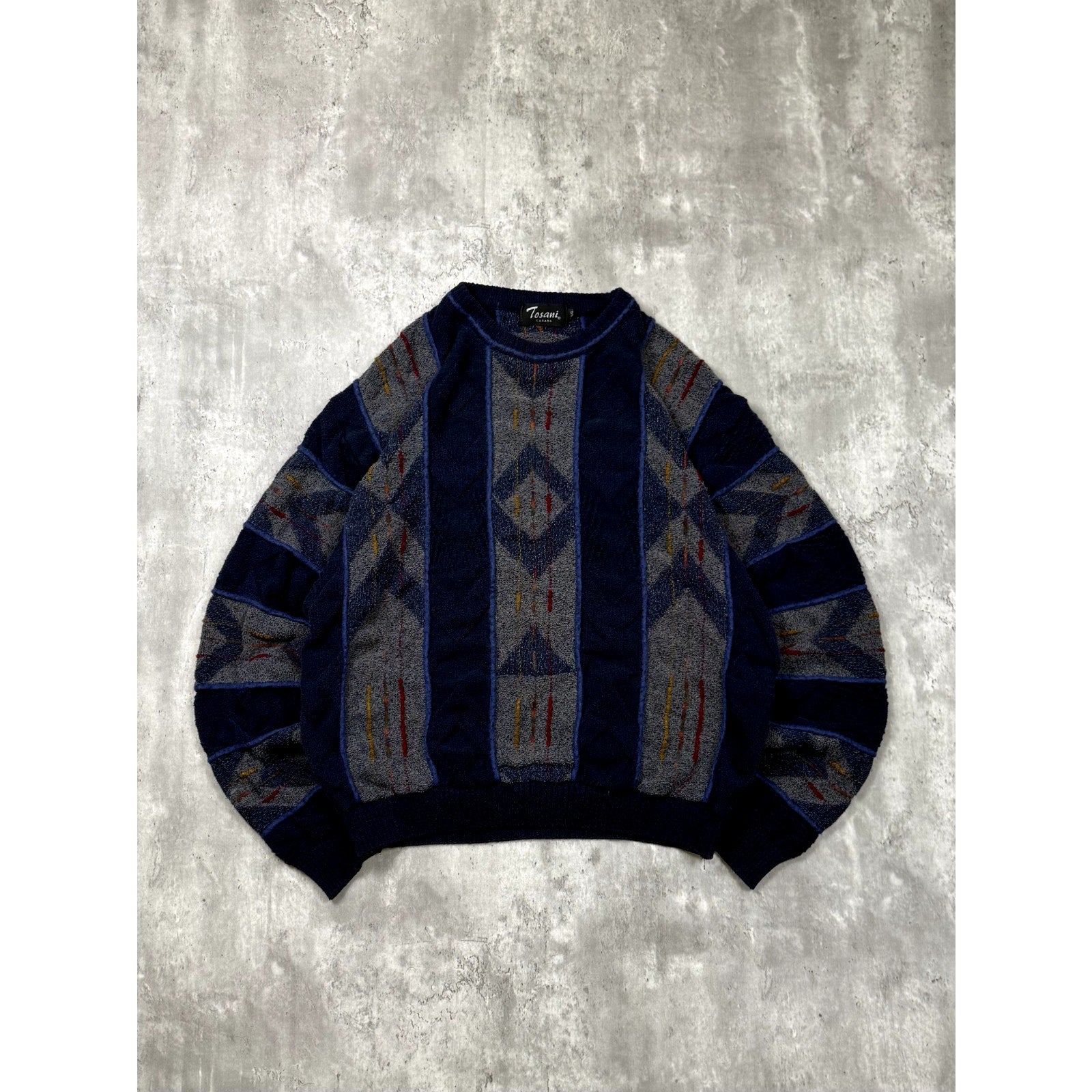Vintage Tosani 3D Knit Style Textured Pattern Striped Sweater Size Large