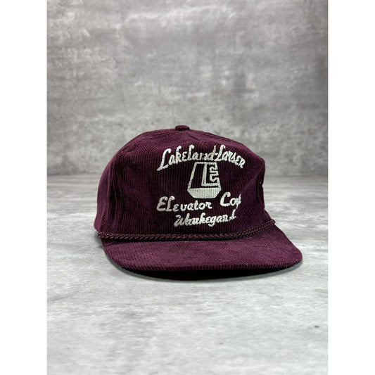 Vintage 80s Lakeland Larsen Elevator Corp Graphic Corduroy Snapback Hat OSFA