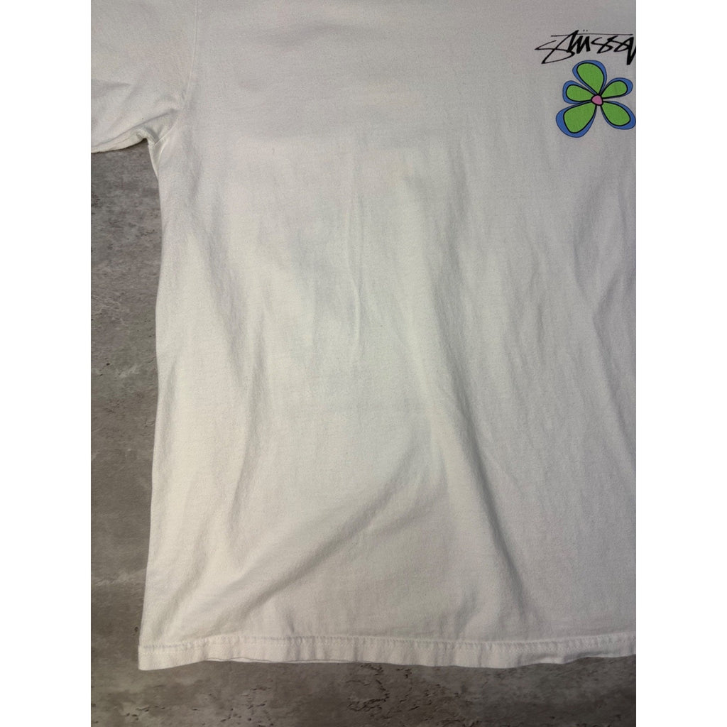 Stussy Spellout Flower Graphic White T-Shirt Size Large