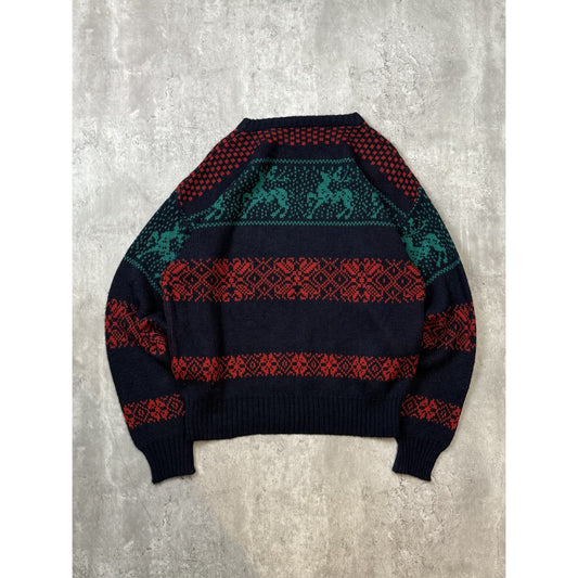 Vintage 90s Code Identification Abstract Striped Reindeer Knit Sweater Sz Large
