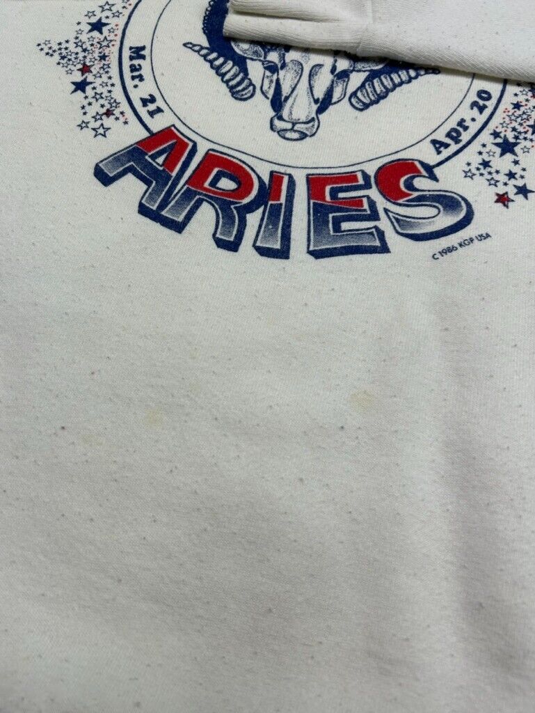 Vintage 1986 Aries Zodiac Sign Graphic Sweatshirt Size Large 80s White