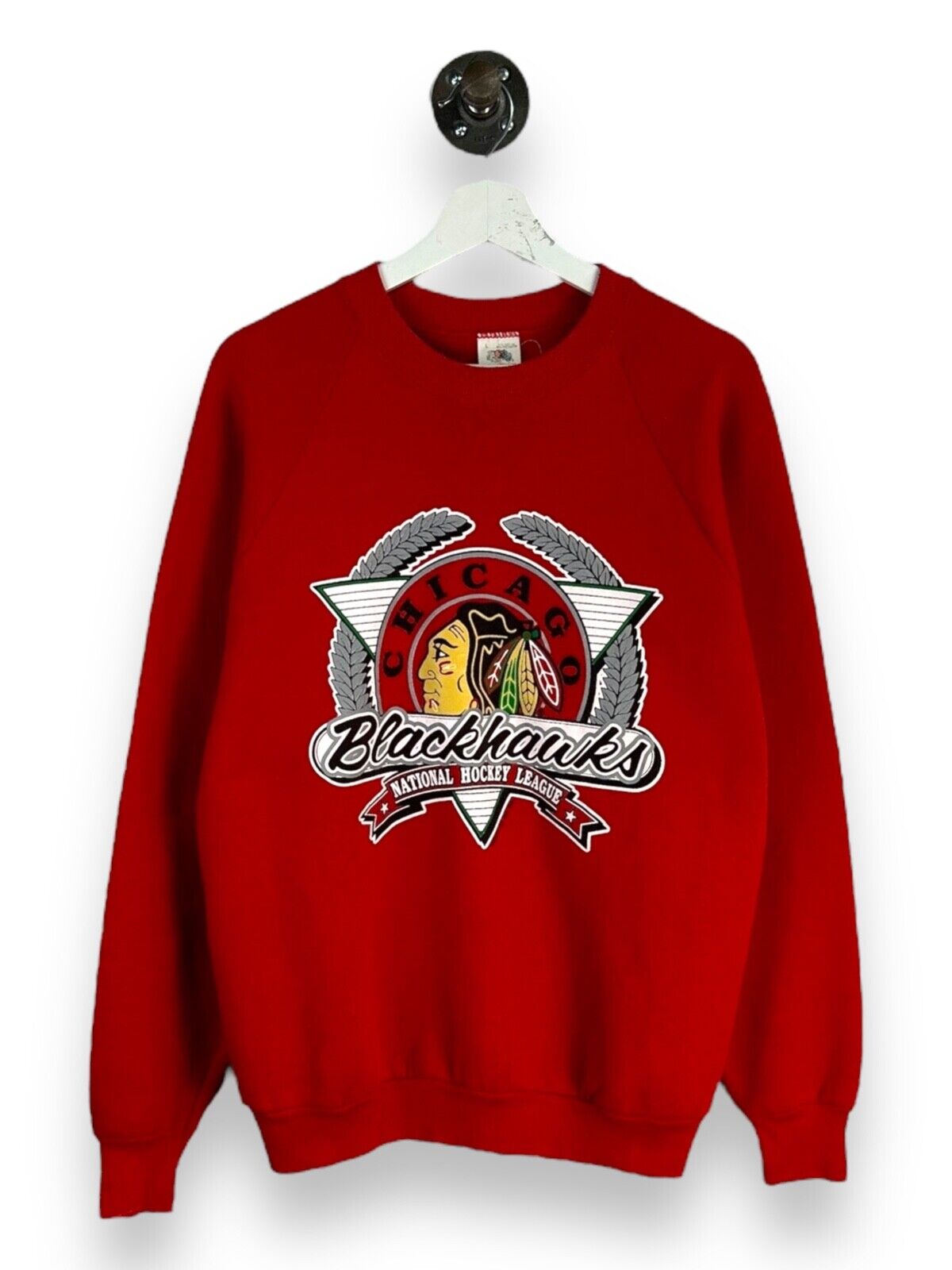 Vintage1991 Chicago Blackhawks NHL Spellout Crest Hockey Sweatshirt Size Large