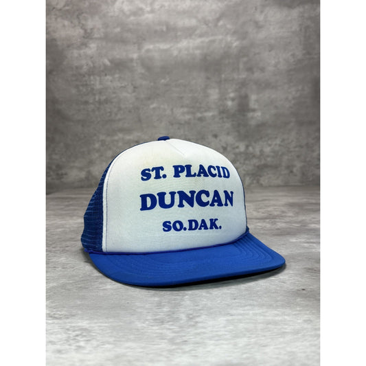 Vintage 80s St placid Duncan So.Dak. Graphic Spellout Trucker Snapback Hat OSFA
