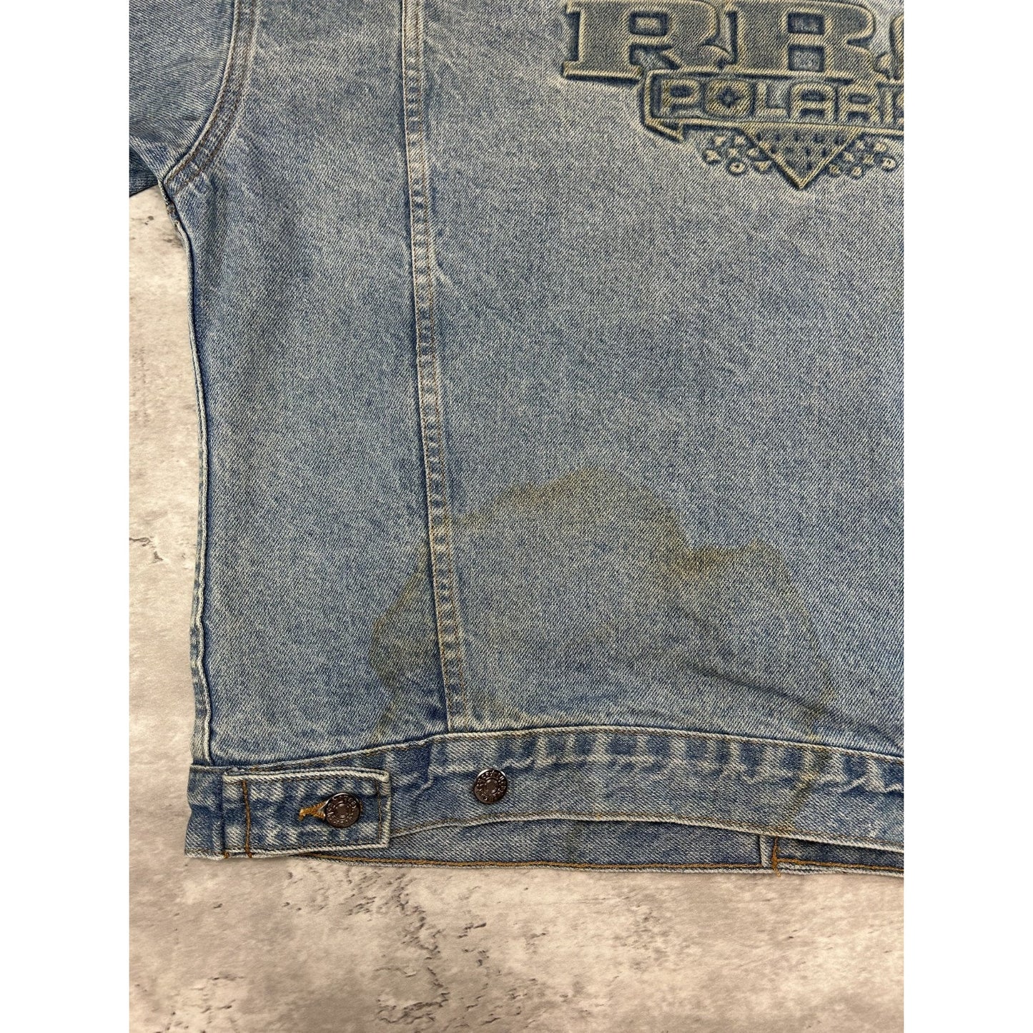 Vintage 90s Pro Polaris Embroidered Spellout Light Wash Denim Jacket Size XL