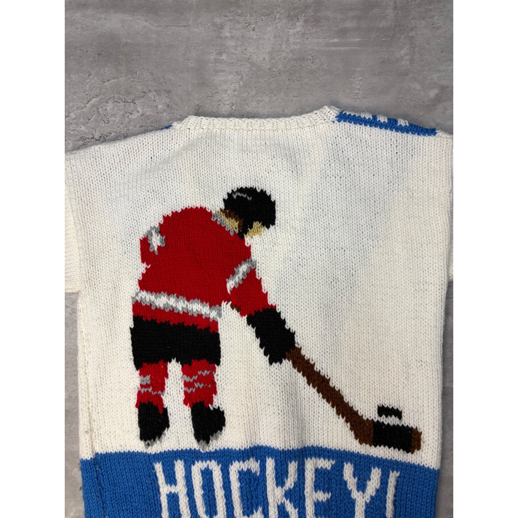 1970s He Shoots He Scores Hockey Graphic Knit Cardigan Sweater Size Medium