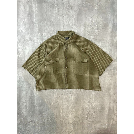 Vintage Canyon Plaid Print Short Sleeve Reworked Cropped Button Up Shirt Size XL
