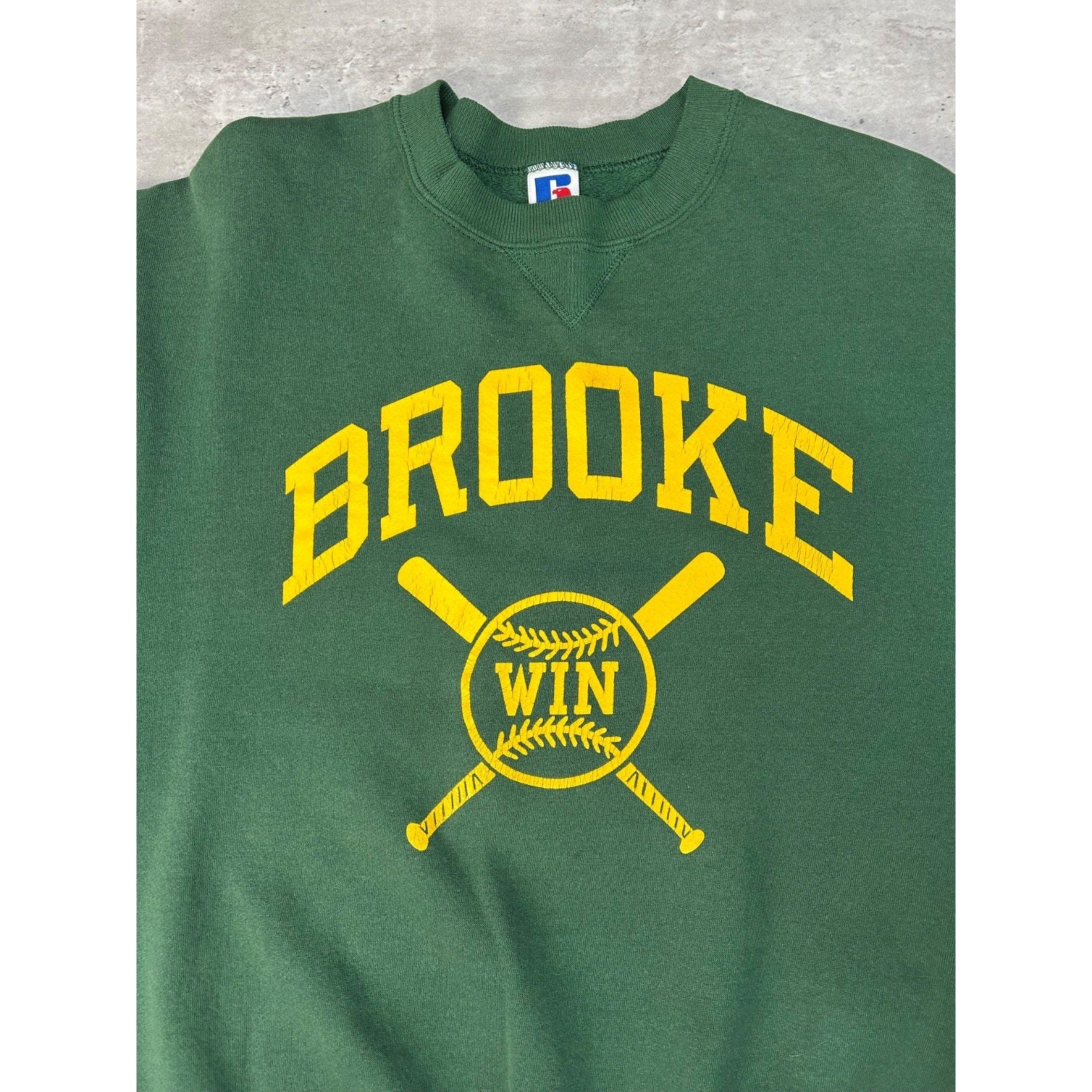 Vintage 90s Brooke Baseball Arc Spellout Graphic Russell Sweatshirt Size XL