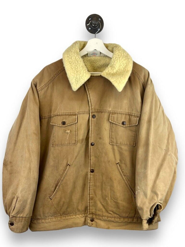Vintage 90s Dickies Sherpa Lined Canvas Work Wear Trucker Jacket Size XL Beige