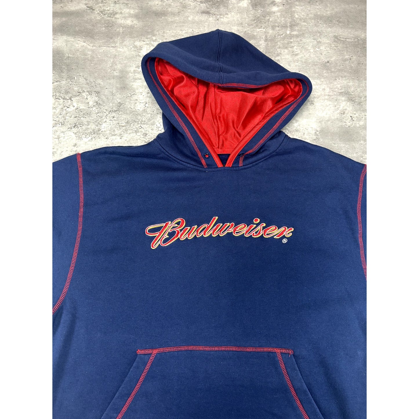Vintage Budweiser Embroidered Logo Hooded Sweatshirt Size Large Blue