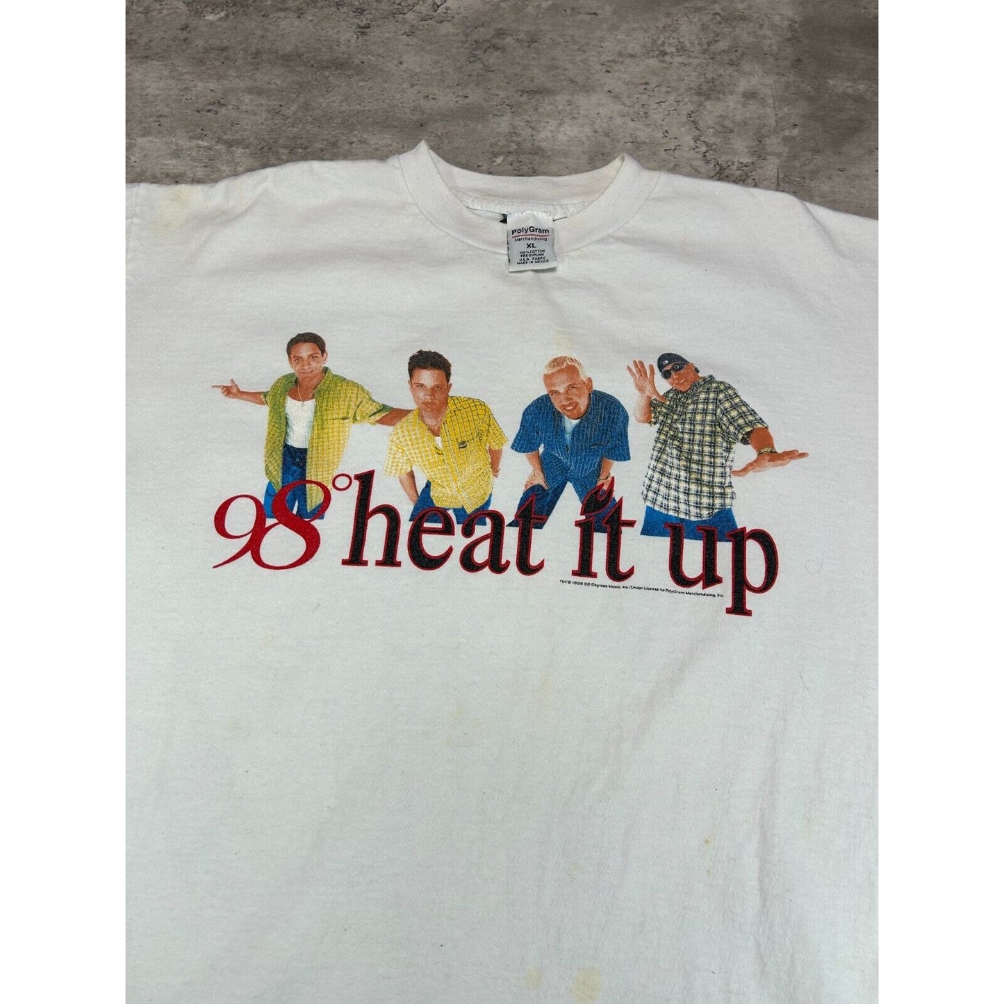 Vintage 1998 98 Degrees Heat It Up Pop Music Tour Graphic T-Shirt Size XL White