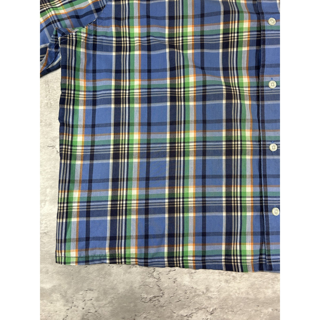 Vintage Chaps Plaid Print Short Sleeve Reworked Cropped Button Up Shirt Sz XL