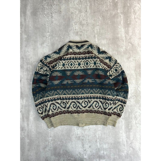 Vintage 90s Design Crew Abstract Striped Knit Cardigan Sweater Size Large