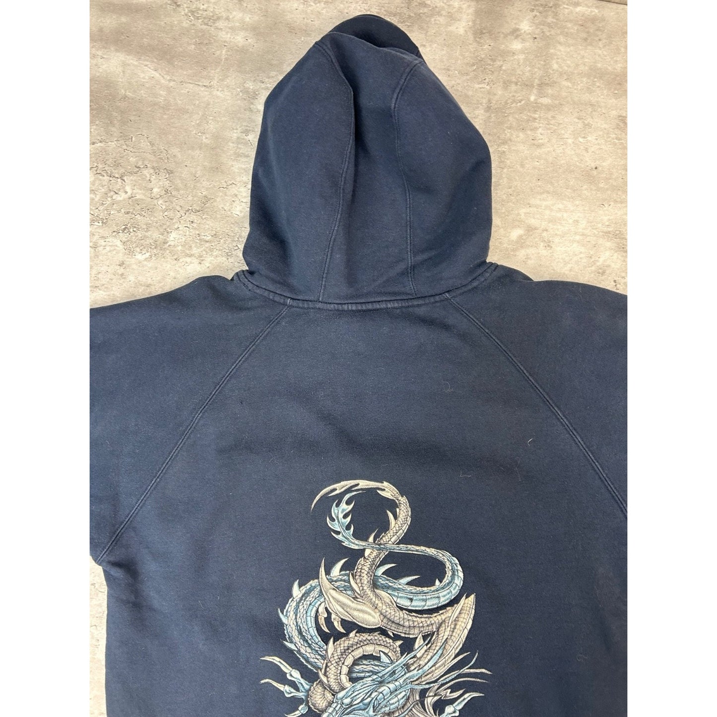 Vintage Y2K Dragon Graphic Pullover Hooded Sweatshirt Size Medium Blue