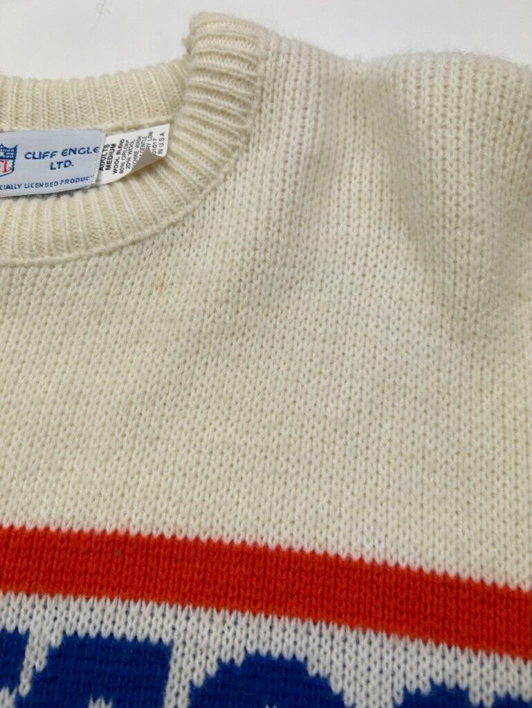 Vintage 90s Denver Broncos NFL Cliff Engle Spellout Sweater Size Medium Made USA