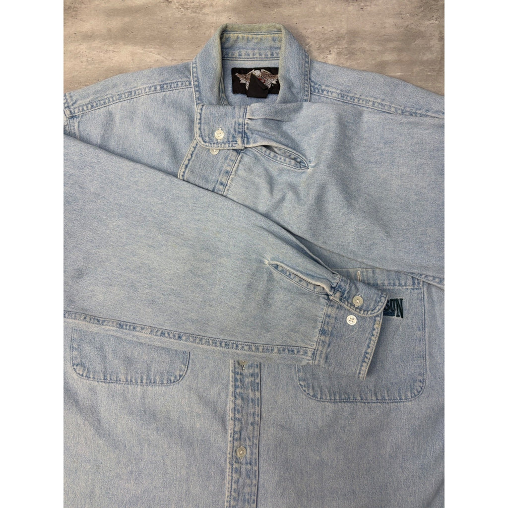 Vintage Harley Davidson Embroidered Light Wash Denim Button Up Shirt Size Large