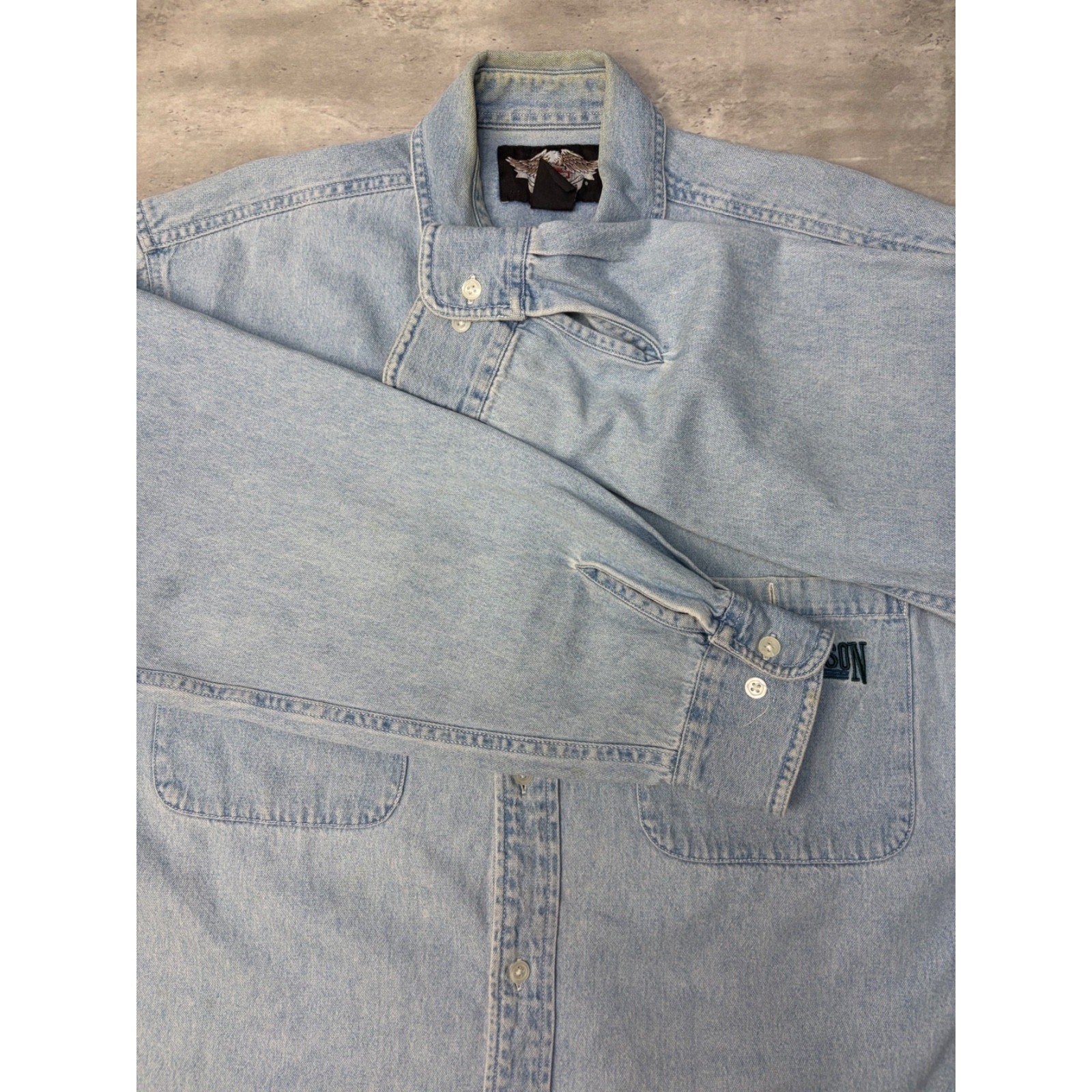 Vintage Harley Davidson Embroidered Light Wash Denim Button Up Shirt Size Large
