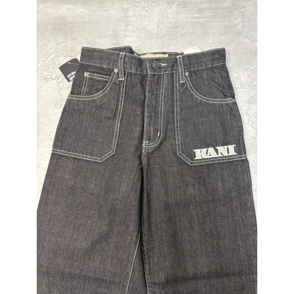 Vintage Y2K Womens Kani Embroidered Spellout Black Wash Denim Pants Size 28x29