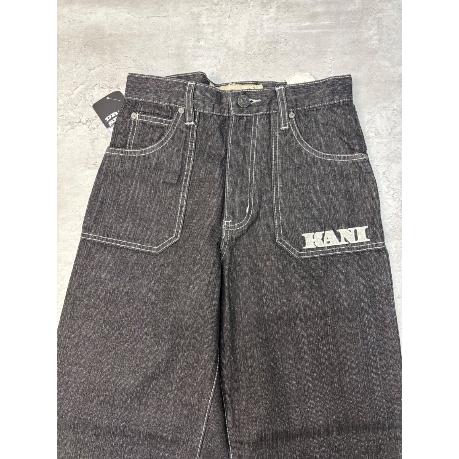 Vintage Y2K Womens Kani Embroidered Spellout Black Wash Denim Pants Size 28x29