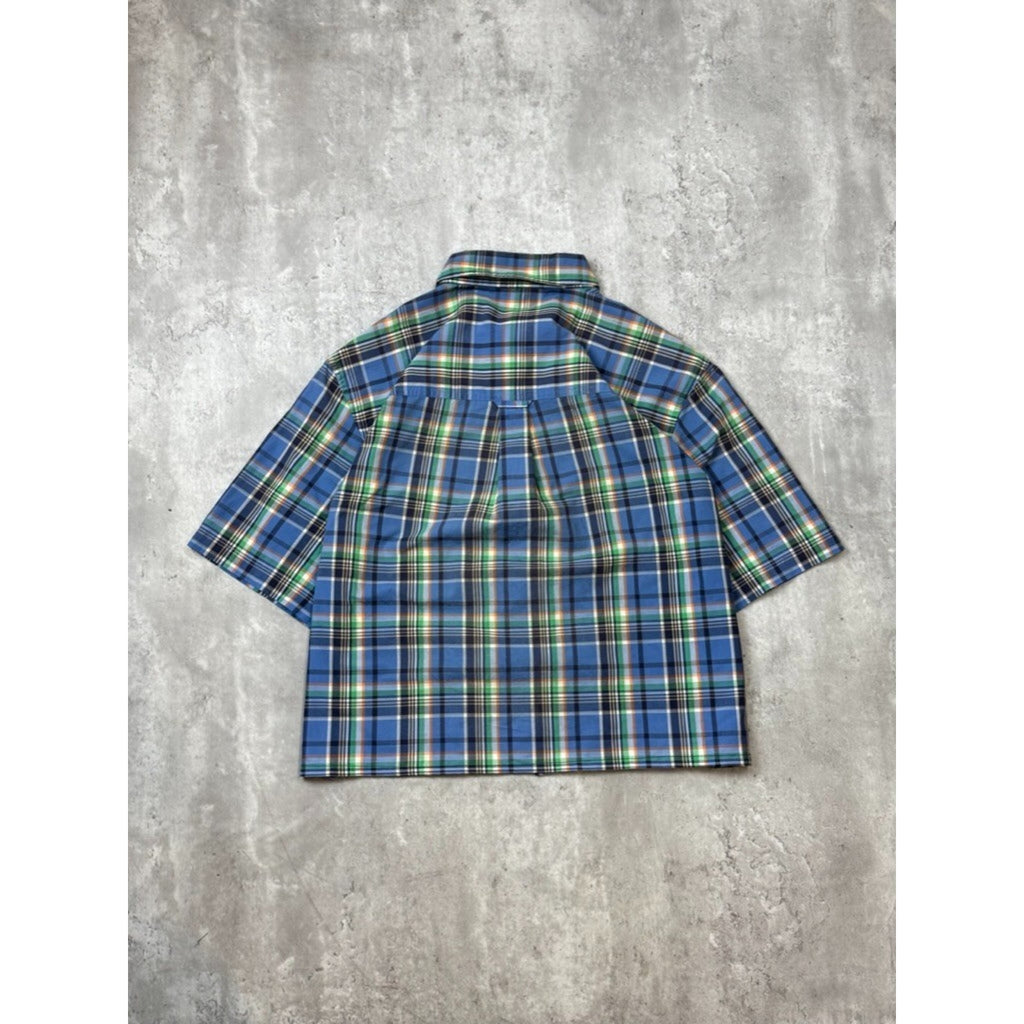 Vintage Chaps Plaid Print Short Sleeve Reworked Cropped Button Up Shirt Sz XL