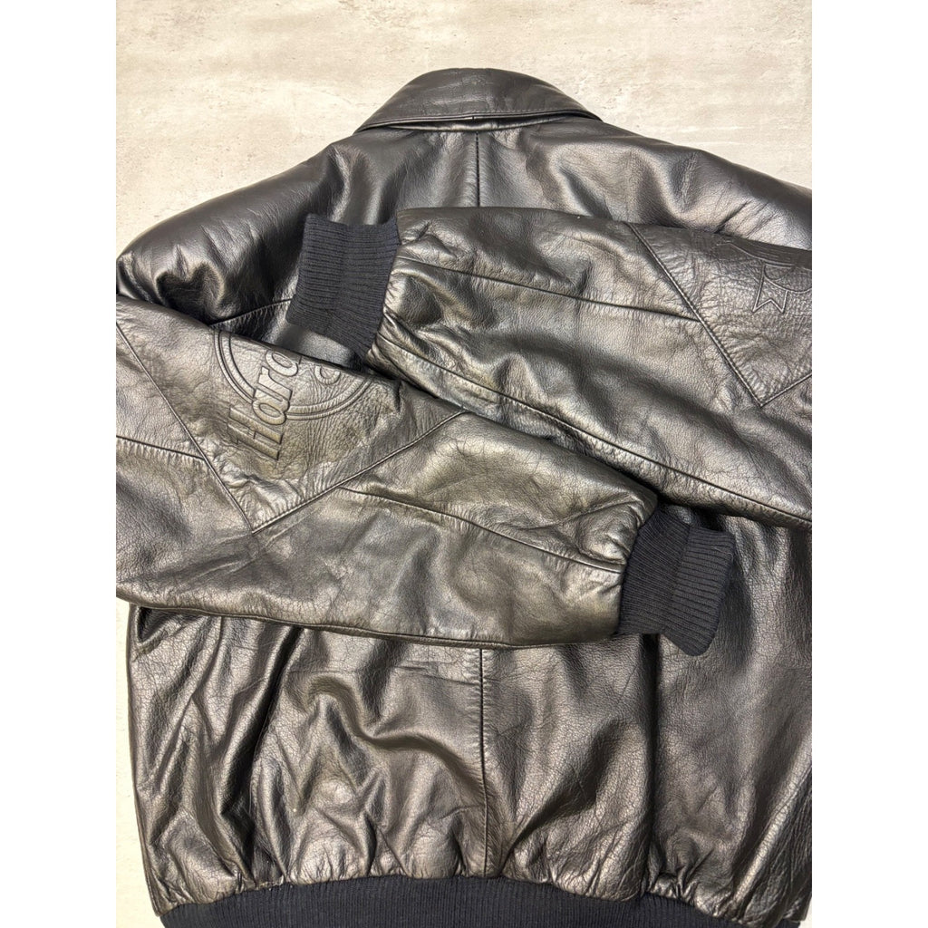 Vintage Hard Rock Cafe Embossed Sleeve Logo Leather Bomber Jacket Size Small