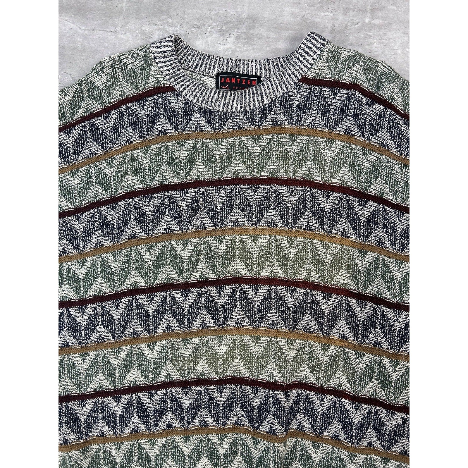 Vintage 90s Jantzen Zig Zag Striped Print Pullover Knit Sweater Size Large