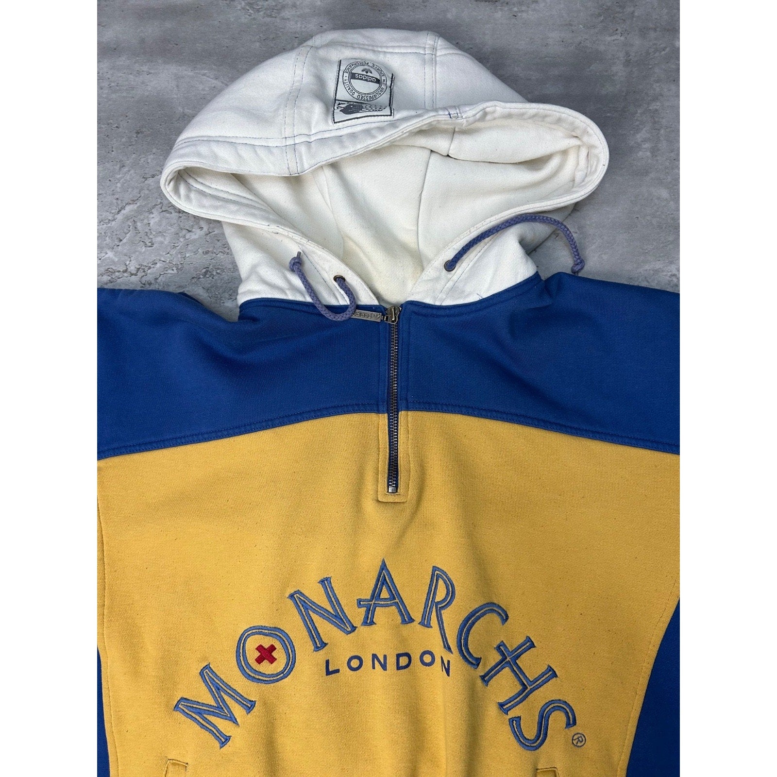 Vintage 80s/90s London Monarchs WFL Adidas 1/4 Zip Hooded Sweatshirt Size Medium
