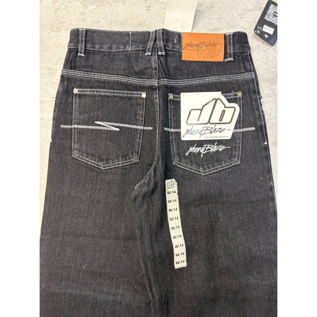 Vintage Y2K Womens Johnny Blaze Embroidered Script Black Wash Denim Pants