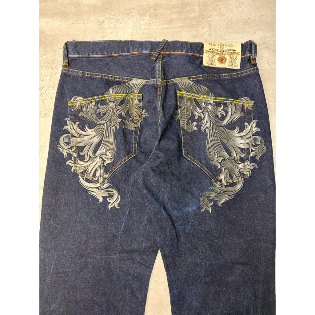 Vintage Y2K The Year Of... Graphic Baroque Graphic Dark Wash Denim Pants Size 38
