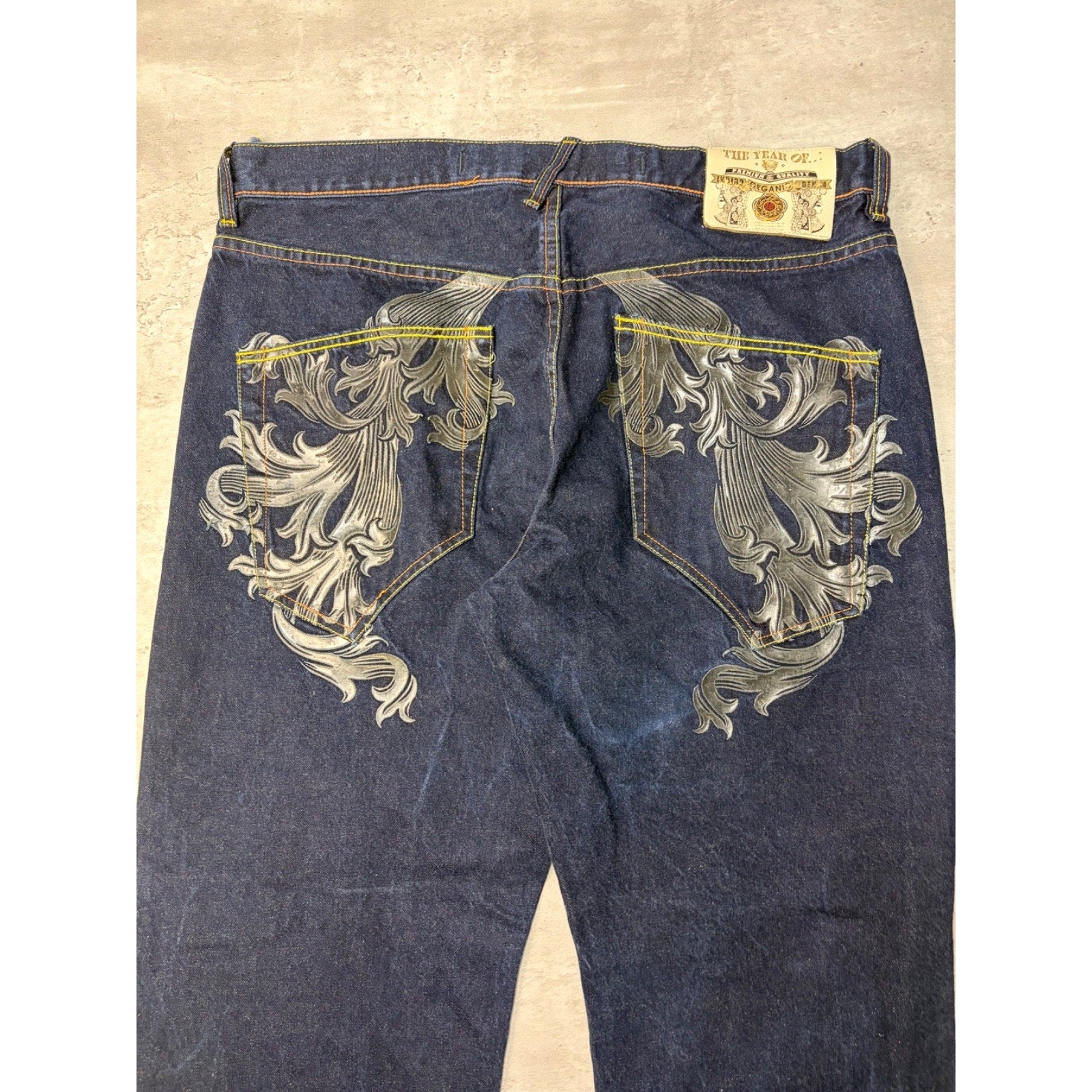 Vintage Y2K The Year Of... Graphic Baroque Graphic Dark Wash Denim Pants Size 38