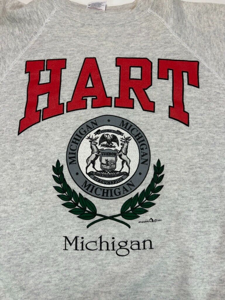 Vintage 1992 Hart Michigan Crest Graphic Spellout Crewneck Sweatshirt Size Large