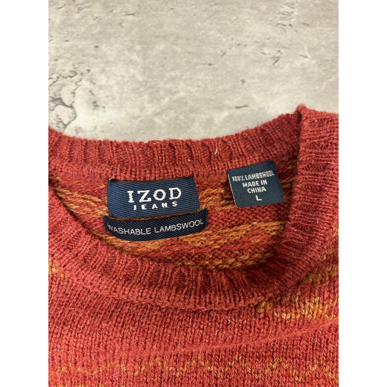 Vintage Izod Jeans Abstract Striped Pullover Knit Sweater Size Large Red