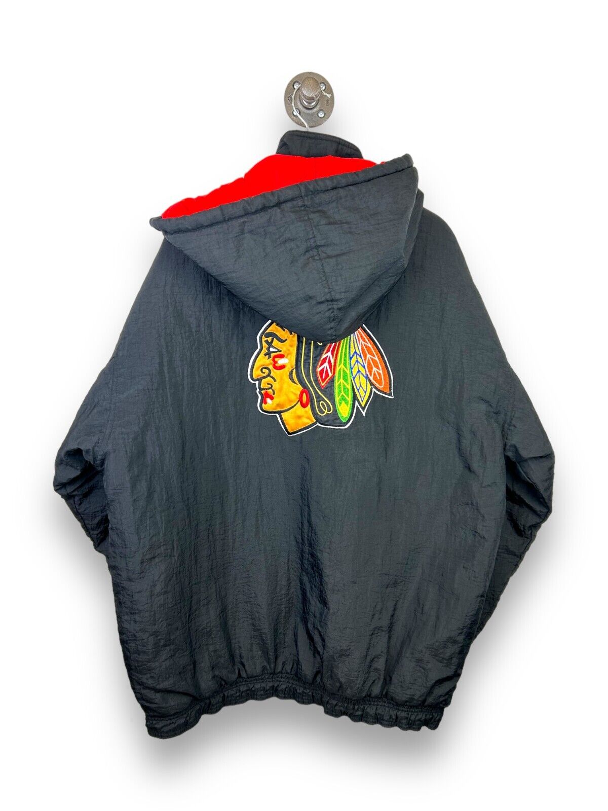 Vintage 90s Chicago Blackhawks NHL Starter Insulated Long Jacket Size XL Black