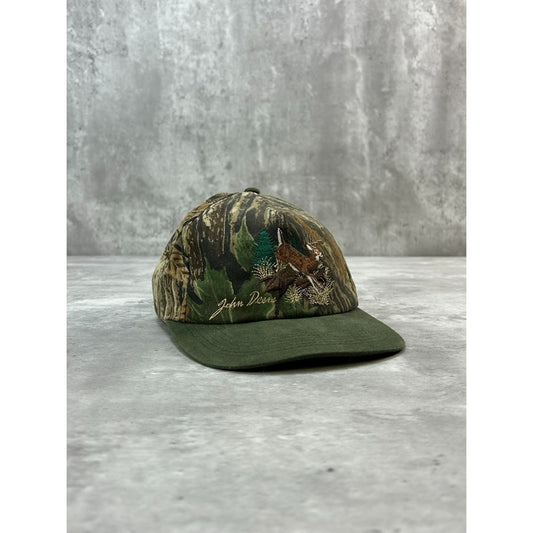 Vintage 90s John Deere Embroidered Deer Camo Hunting Snapback Hat OSFA