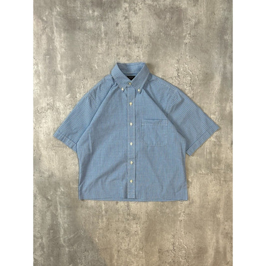 Vintage Arrow Plaid Print Short Sleeve Reworked Cropped Button Up Shirt Sz Large