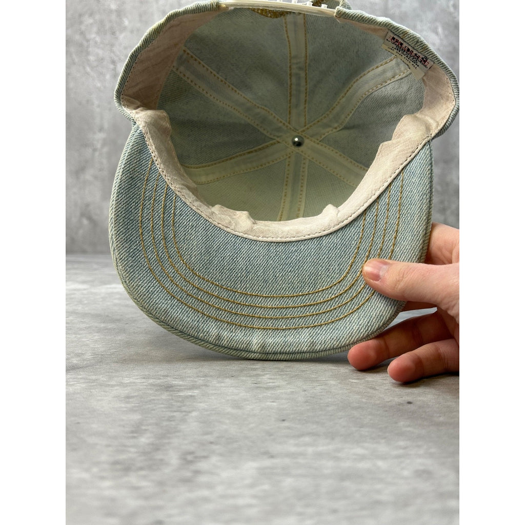Vintage 90s Guess USA Light Wash Denim Embroidered Spellout Snapback Hat OSFA