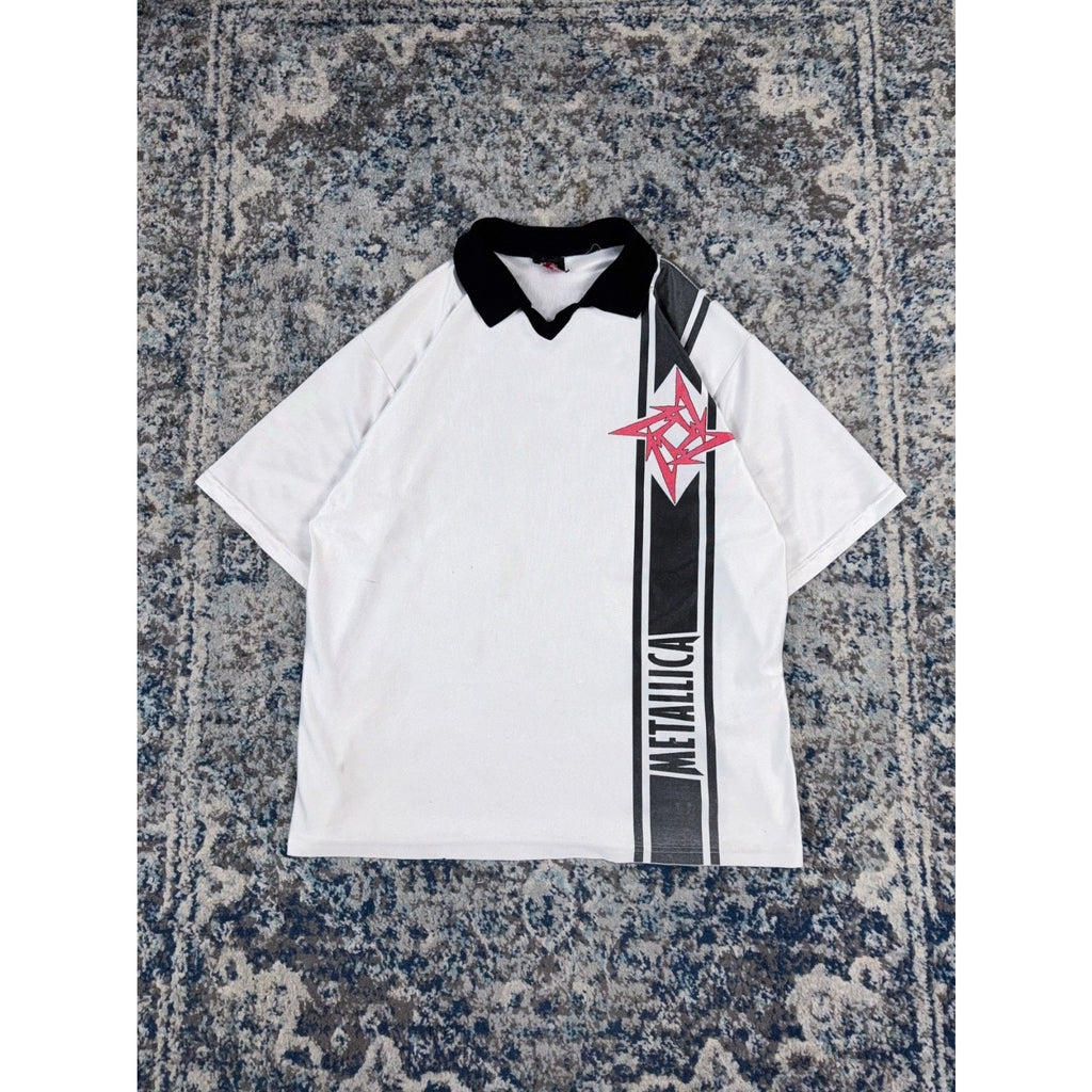 Vintage 90s Metallica Metal Band Spellout Collared Soccer Jersey Size XL