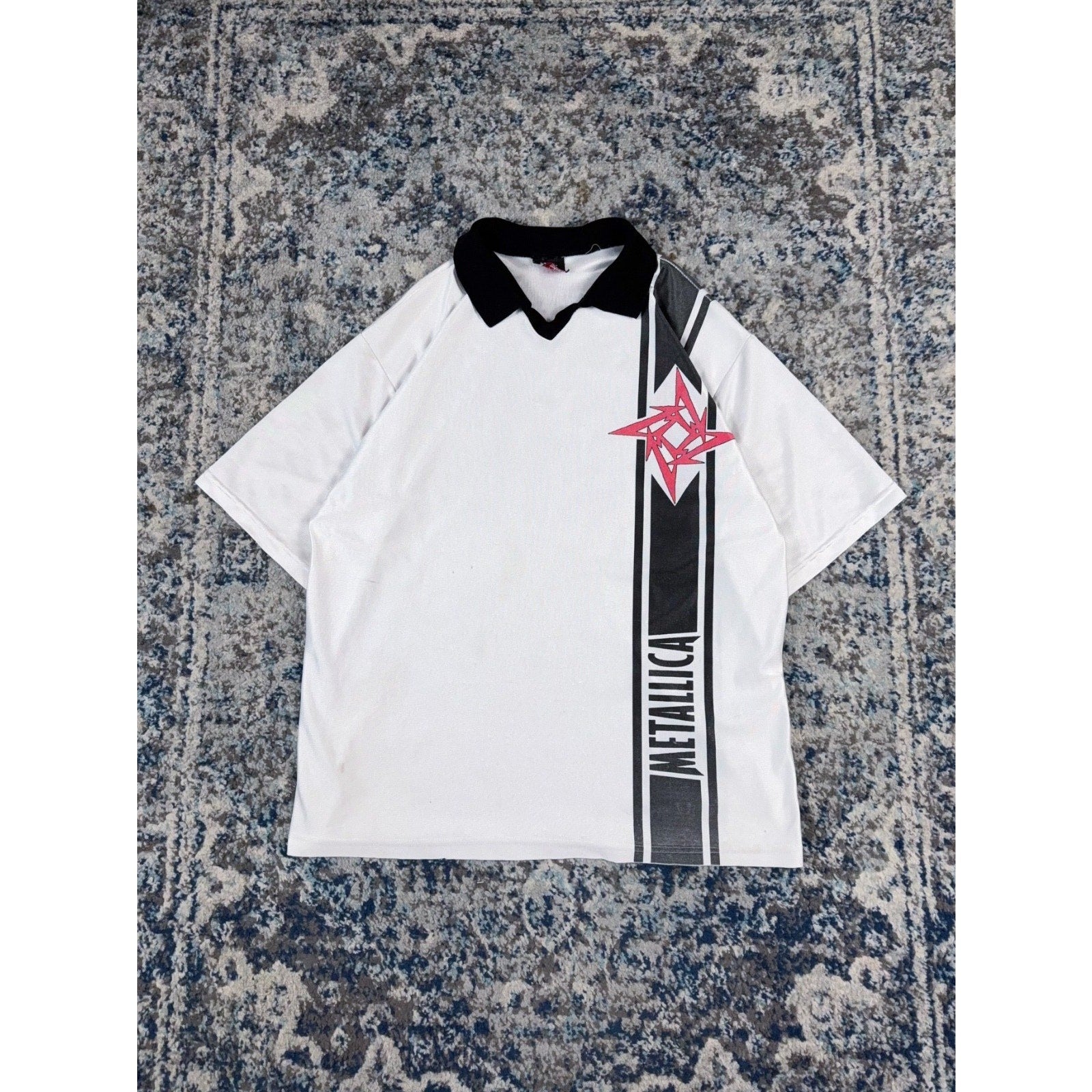 Vintage 90s Metallica Metal Band Spellout Collared Soccer Jersey Size XL