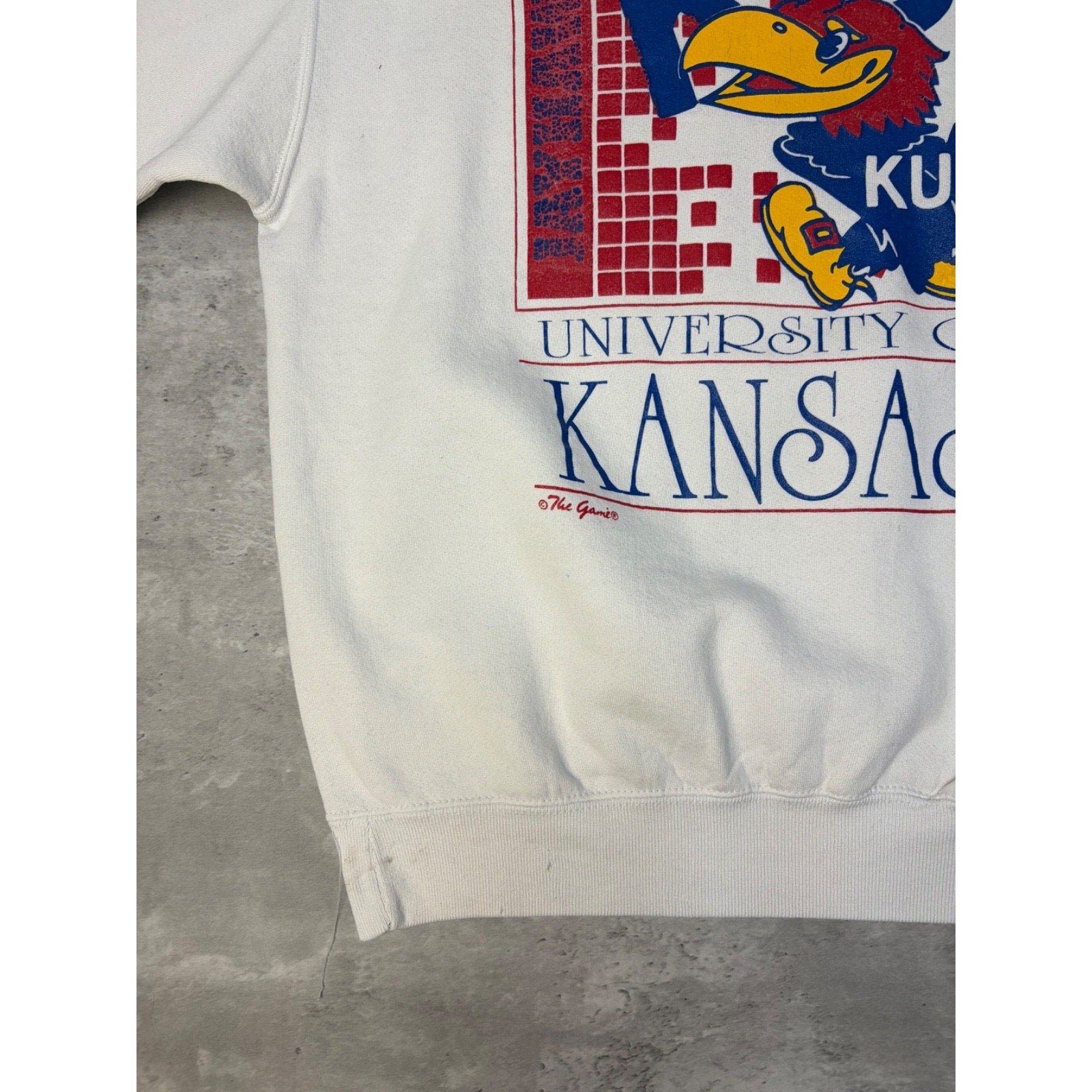 90s University Of Kansas NCAA Mascot Graphic Spellout Sweatshirt Size Large