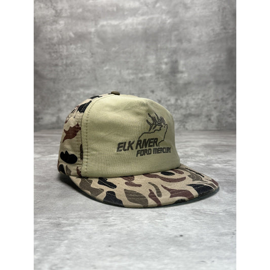 Vintage 80s Elk River Ford Mercury Tree Camo Hunting Trucker Snapback Hat OSFA