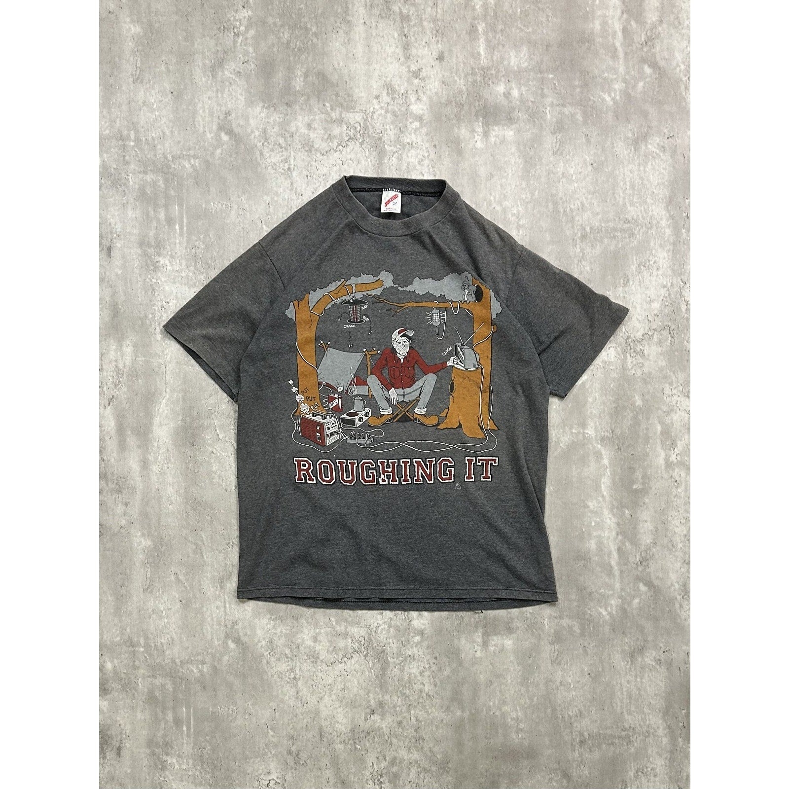 Vintage 1988 Roughing It Cartoon Camping Comedy Graphic T-Shirt Size Large
