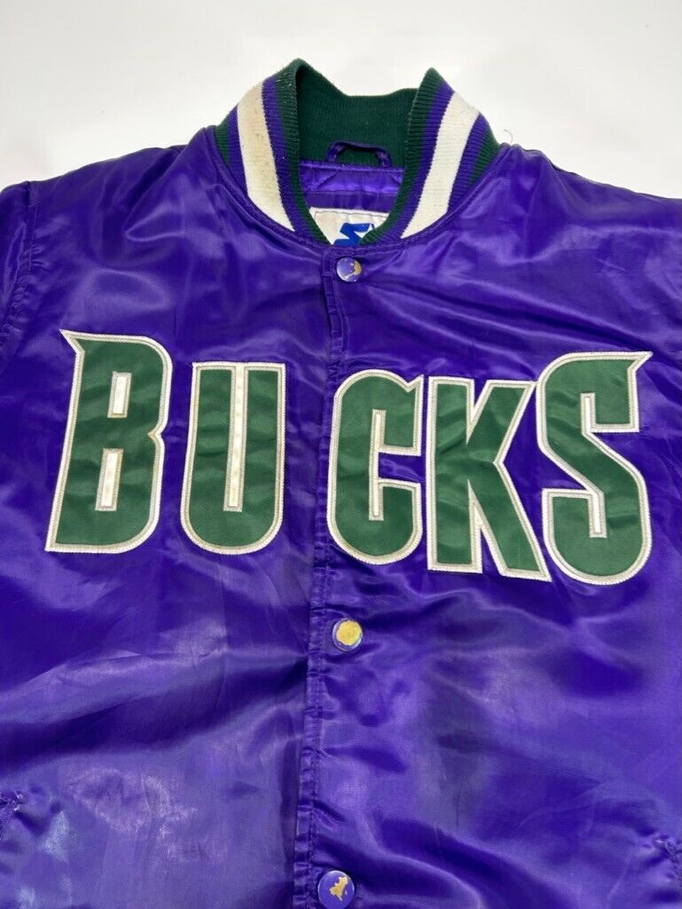 Milwaukee Bucks NBA Embroidered Satin Varsity Basketball Bomber Jacket Sz Medium