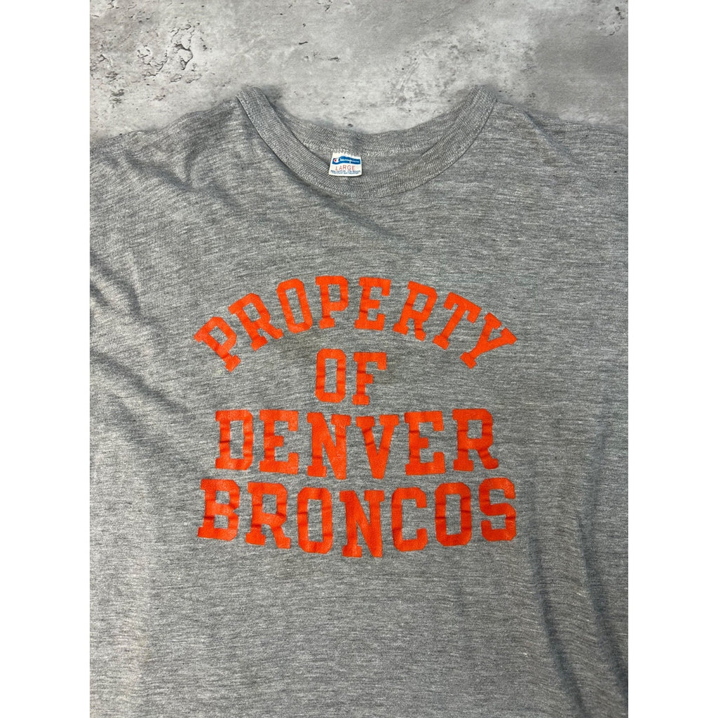 Vintage 80s Denver Broncos NFL Spellout Graphic Football Warmup T-Shirt Sz Large