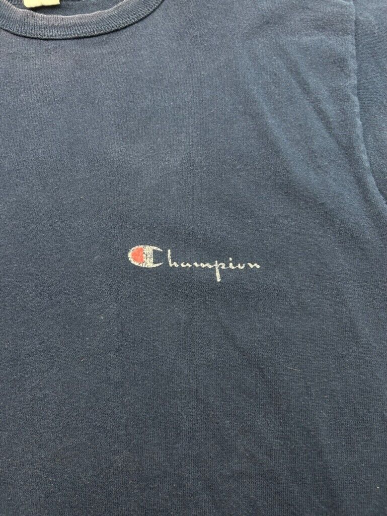 Vintage 80s Champion Graphic Spellout T-Shirt Size Large Blue Made In USA