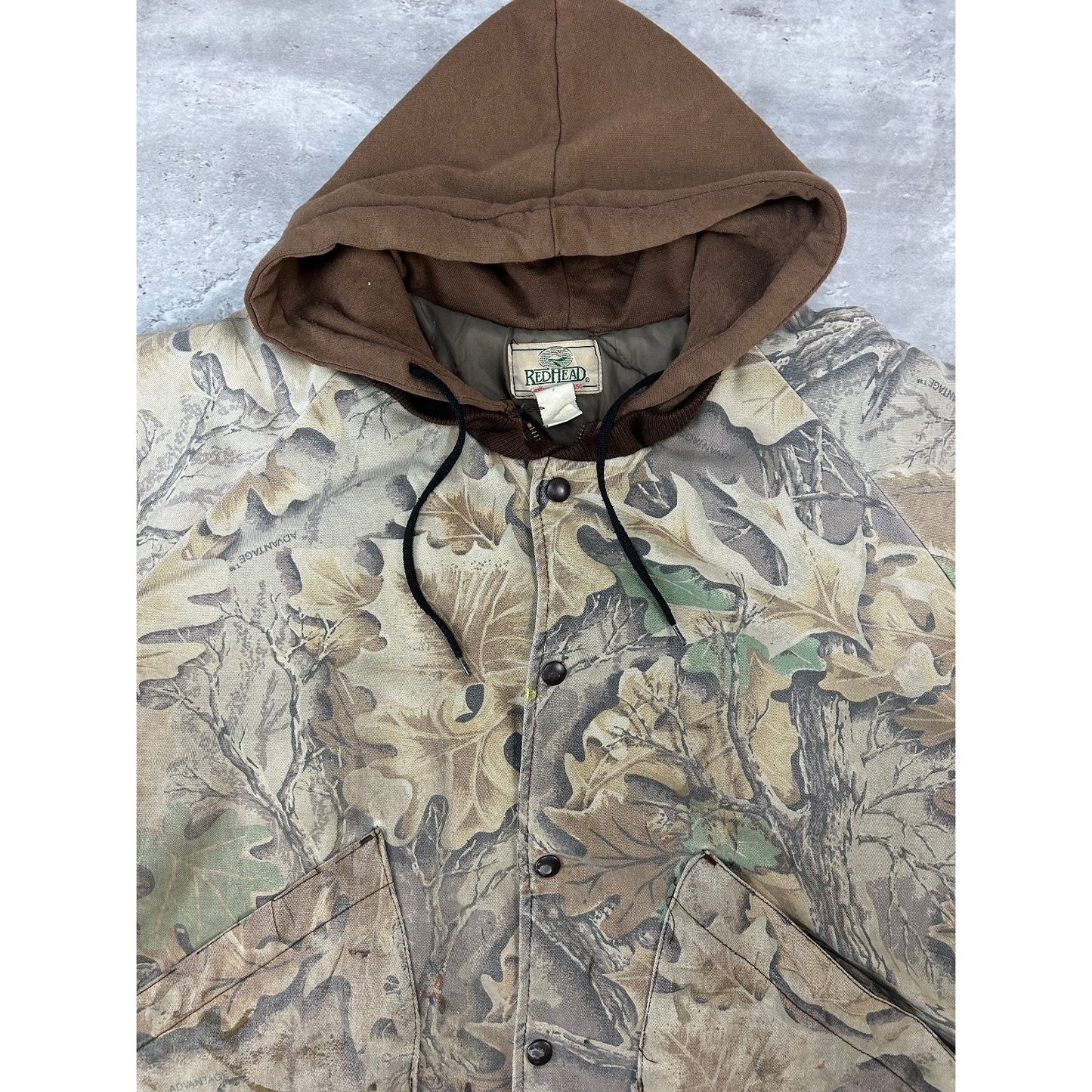 Vintage 90s Redhead Advantage Timber Camo Hooded Hunting Bomber Jacket Size 2XL