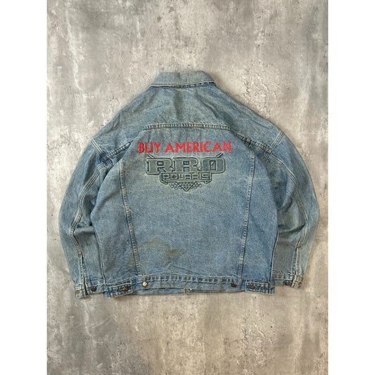 Vintage 90s Pro Polaris Embroidered Spellout Light Wash Denim Jacket Size XL