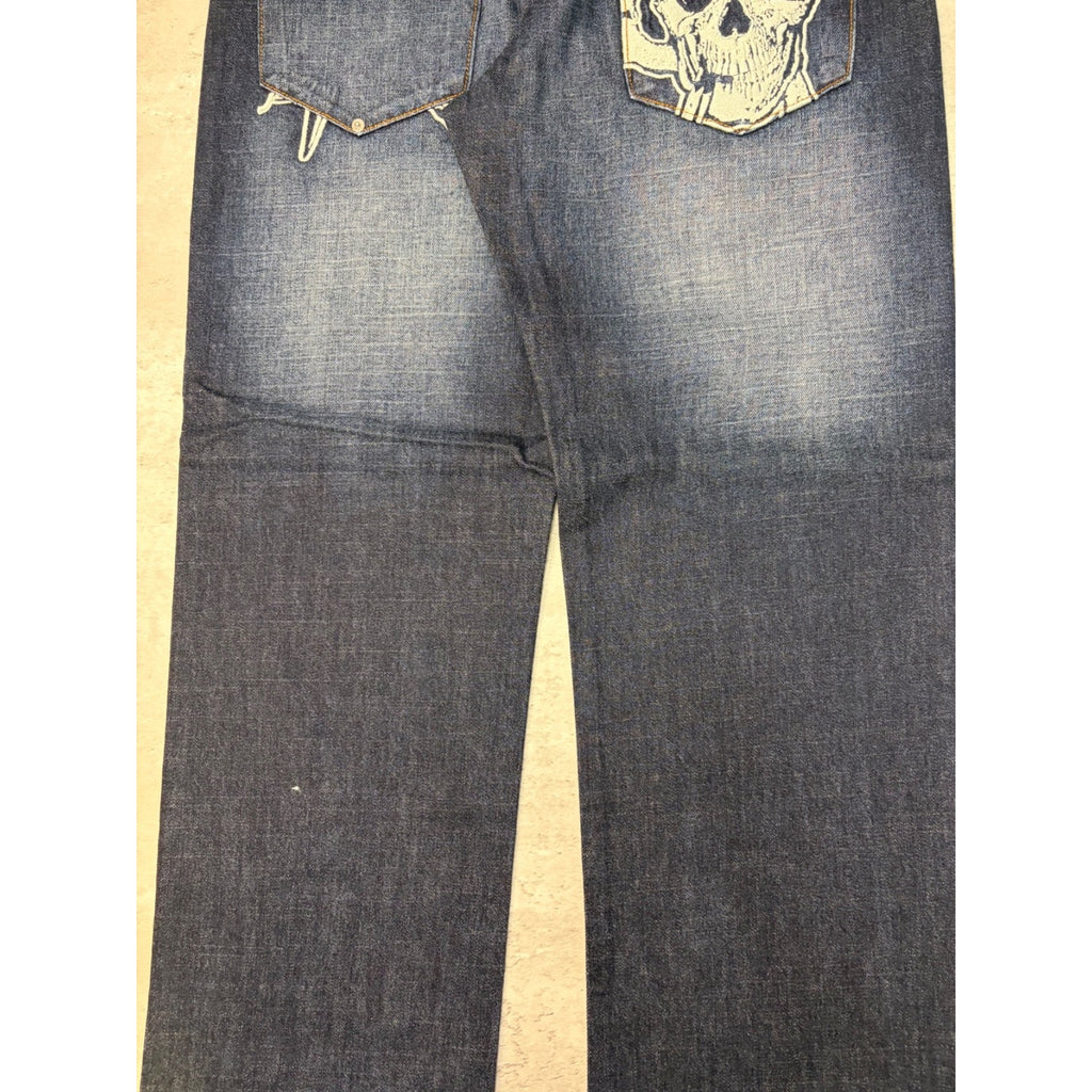 Vintage Y2K Rocawear Embroidered Pocket Skull Dark Wash Denim Pants