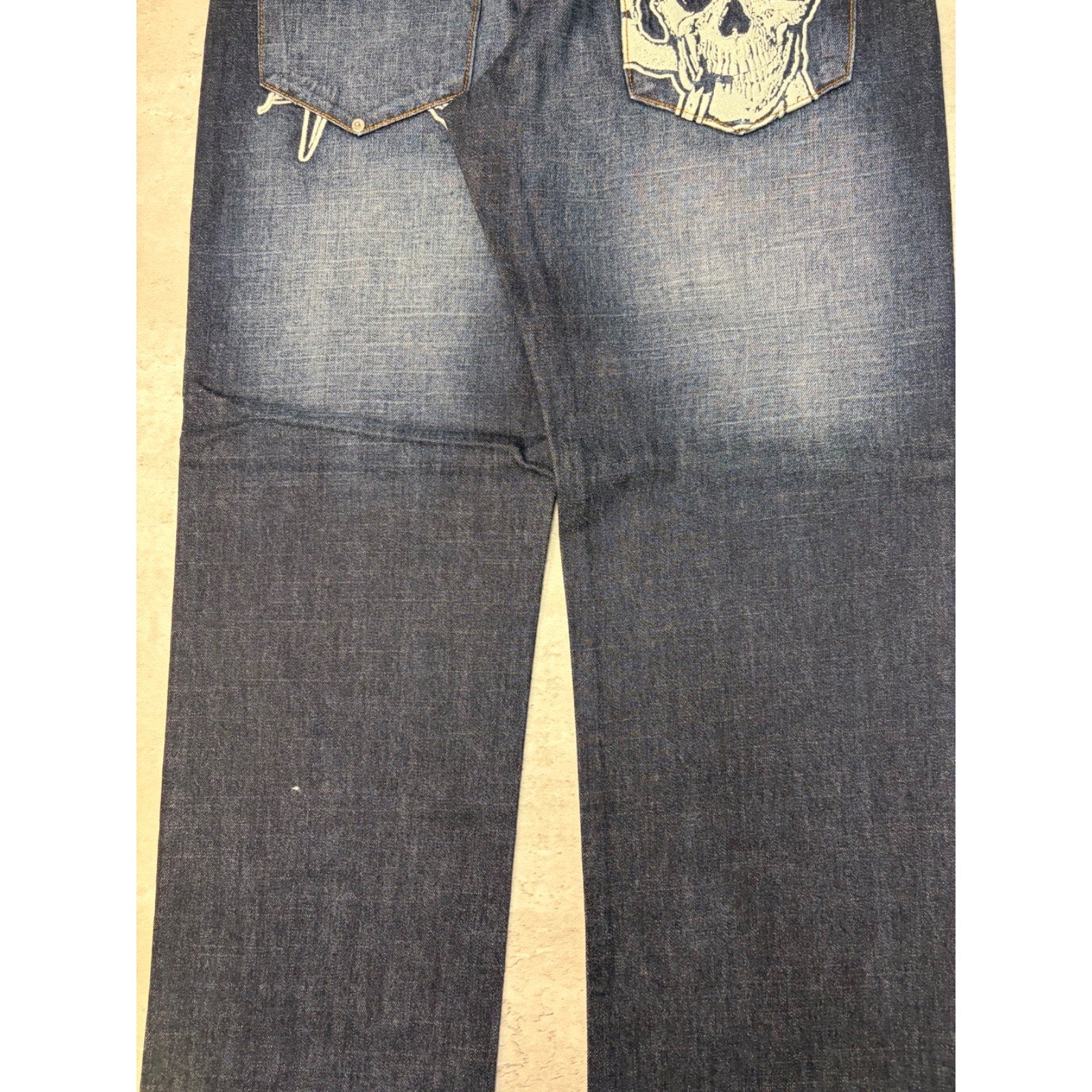 Vintage Y2K Rocawear Embroidered Pocket Skull Dark Wash Denim Pants