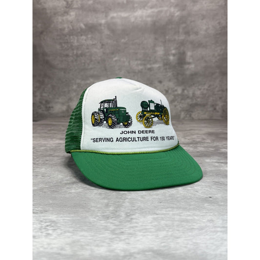 Vintage 1980s/90s John Deere Tractor Graphic Trucker Snapback Hat OSFA Green