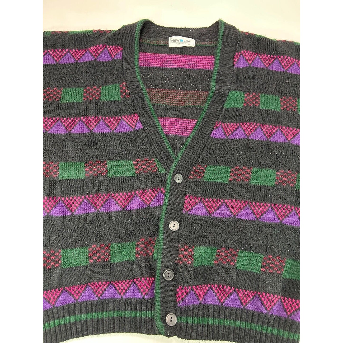 Vintage 90s New Era Geometric Pattern Button Up Cardigan Knit Sweater Size XL