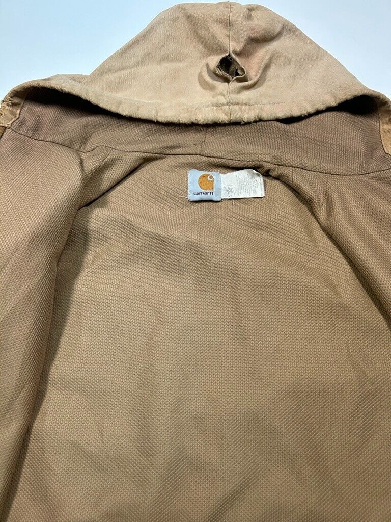 Vintage 80s Carhartt Thermal Canvas Lined Hooded Bomber Jacket Size Large Beige